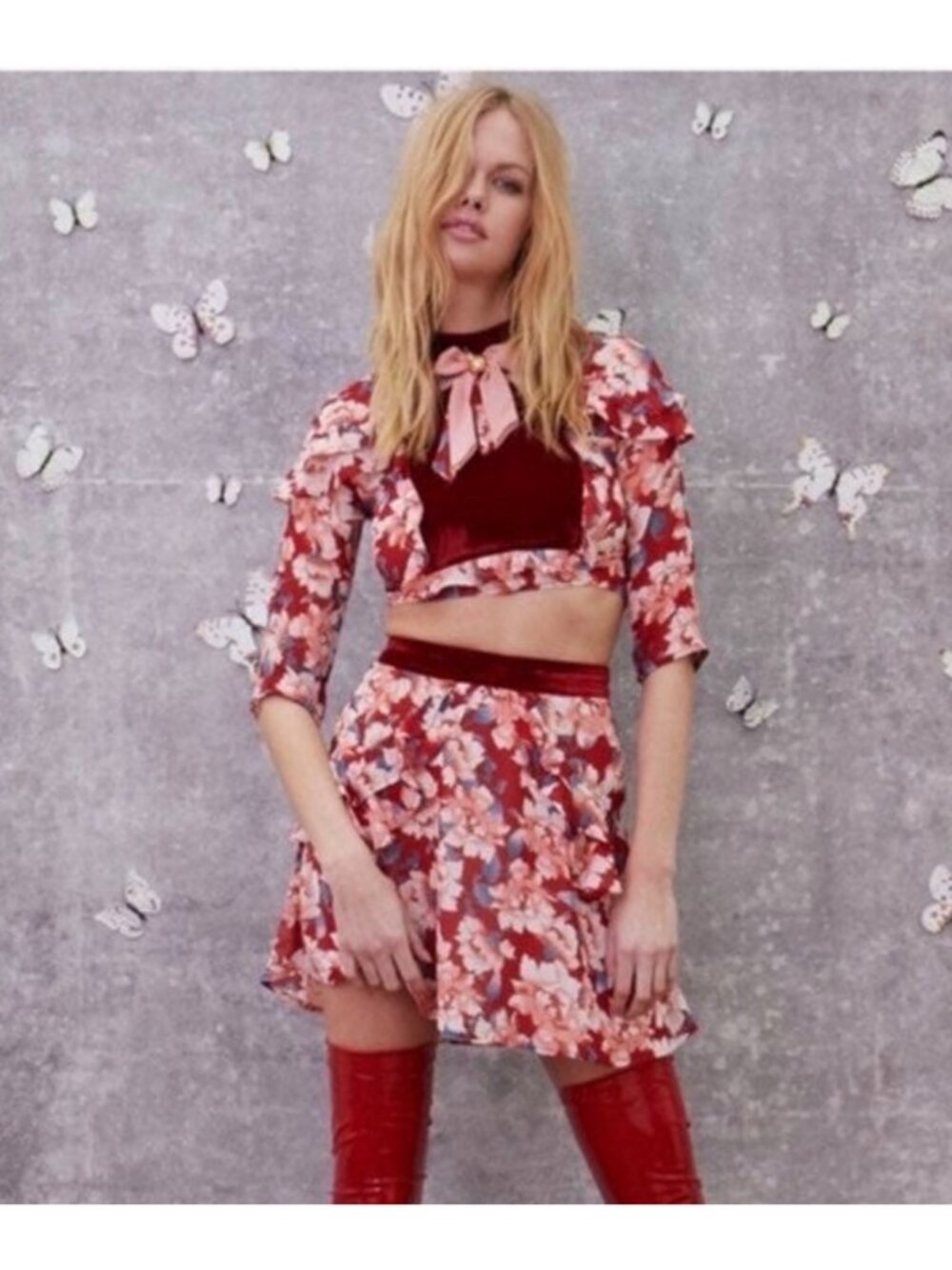 For Love & Lemons Blossom Floral Velvet Crop Top Ladybug Charm Bow Small New